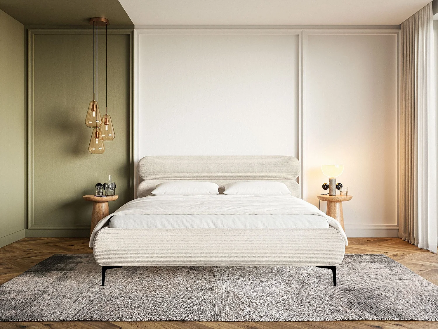 Lit tapissé 160x200 – rangement – velours côtelé – beige clair – ROULE CORD