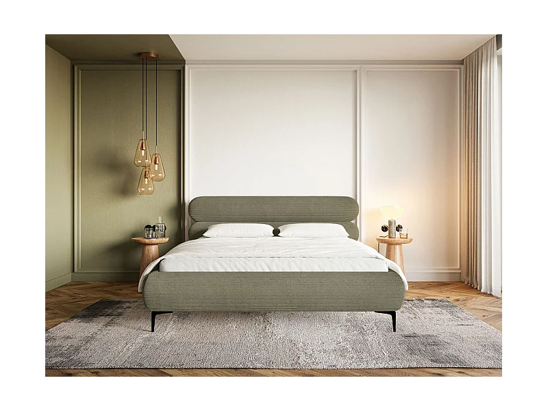 Polsterbett 160x200 mit Bettkasten – Cordstoff – schwarzen Füßen – Olivgrün – ROULE CORD