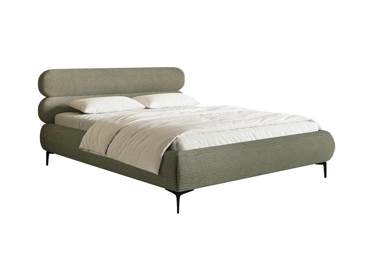 Polsterbett 160x200 mit Bettkasten – Cordstoff – schwarzen Füßen – Olivgrün – ROULE CORD