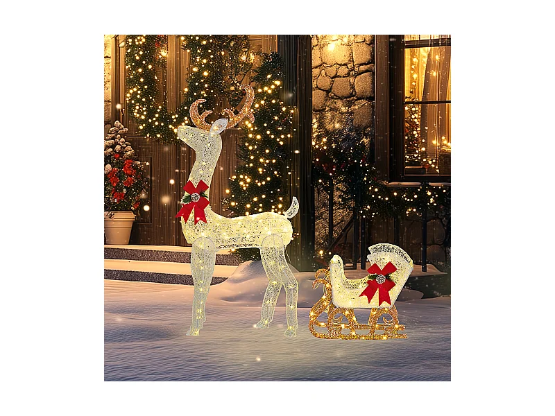 Weihnachtsbeleuchtung LED Rentier und Schlitten Weihnachtsdeko mit 170 Lichtern Weihnachtshirsch Weiß