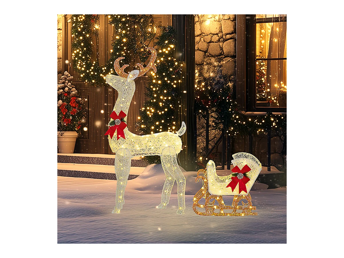 Weihnachtsbeleuchtung LED Rentier und Schlitten Weihnachtsdeko mit 170 Lichtern Weihnachtshirsch Weiß