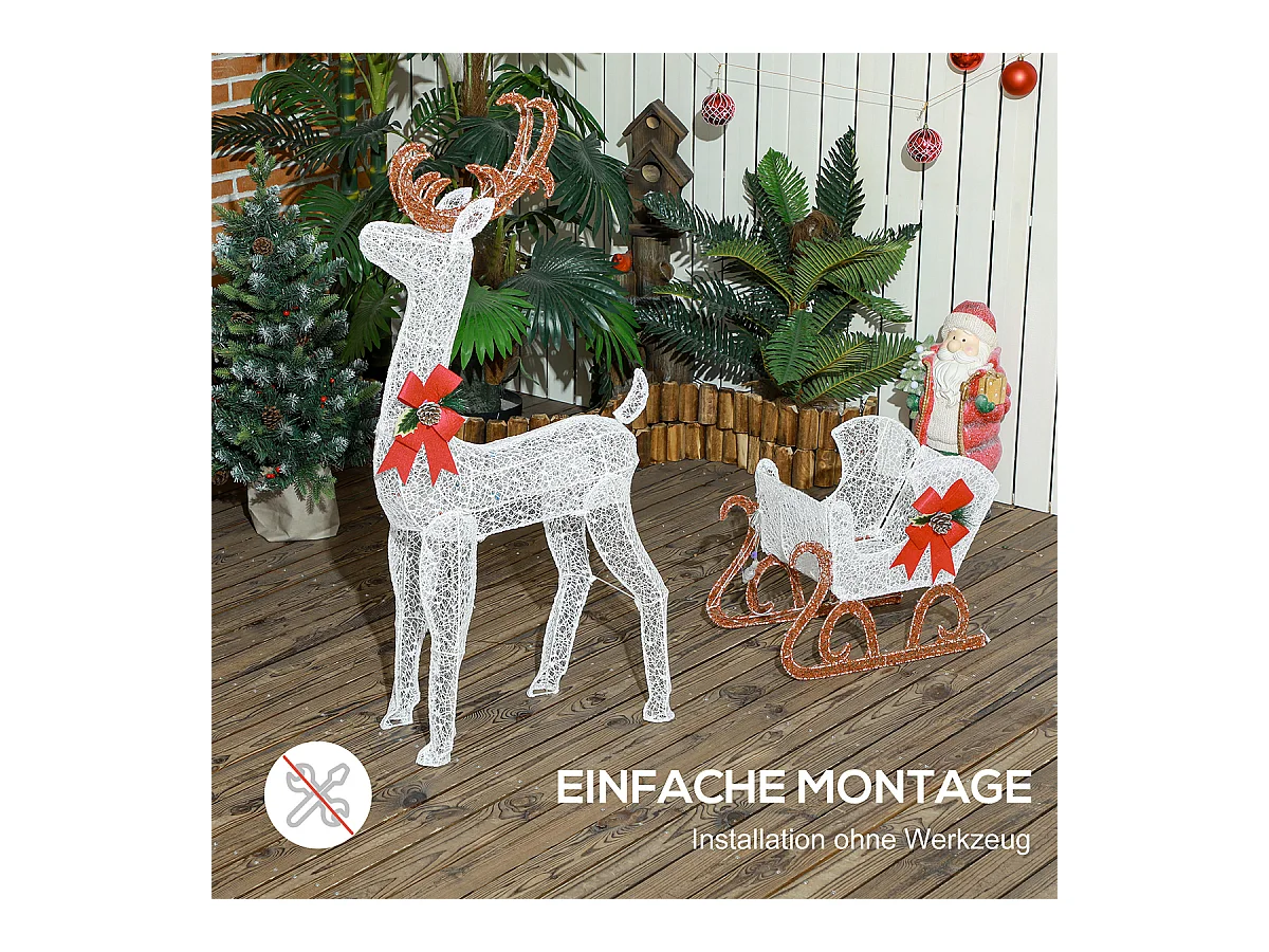 Weihnachtsbeleuchtung LED Rentier und Schlitten Weihnachtsdeko mit 170 Lichtern Weihnachtshirsch Weiß