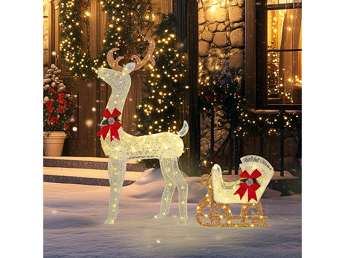 Weihnachtsbeleuchtung LED Rentier und Schlitten Weihnachtsdeko mit 170 Lichtern Weihnachtshirsch Weiß