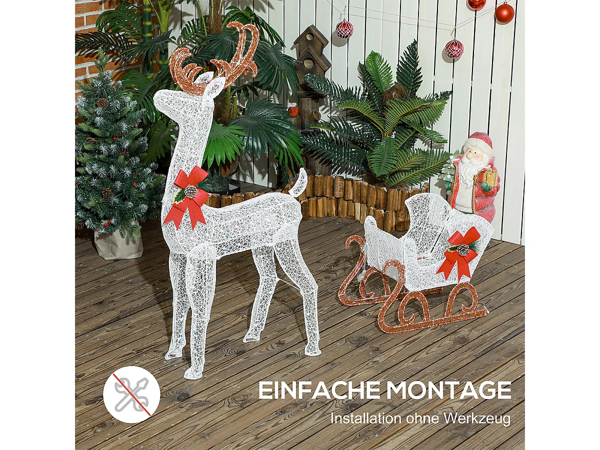 Weihnachtsbeleuchtung LED Rentier und Schlitten Weihnachtsdeko mit 170 Lichtern Weihnachtshirsch Weiß