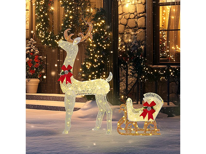 Weihnachtsbeleuchtung LED Rentier und Schlitten Weihnachtsdeko mit 170 Lichtern Weihnachtshirsch Weiß