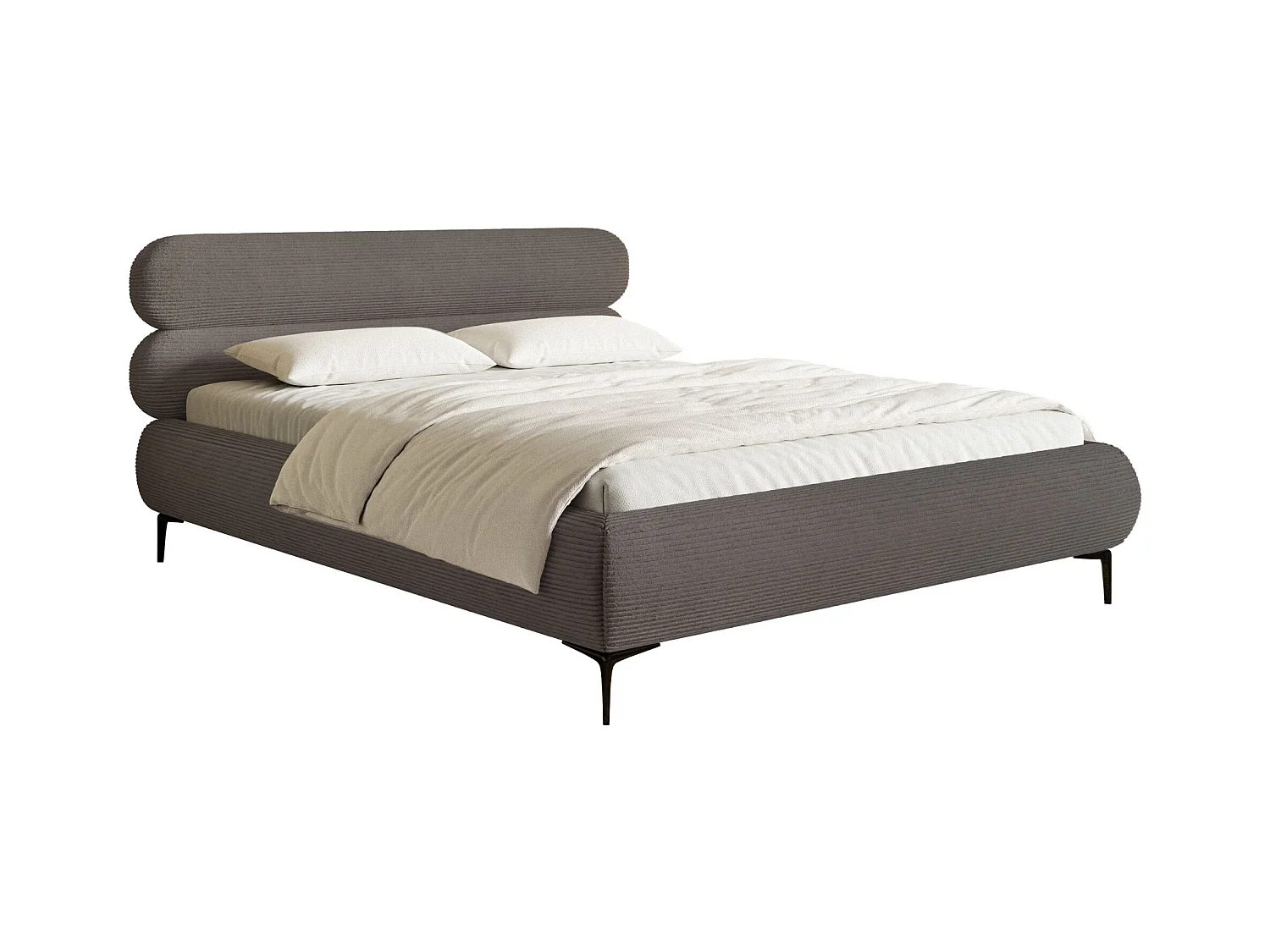 Polsterbett 140x200 mit Bettkasten – Cordstoff – schwarzen Füßen – Grau – ROULE CORD