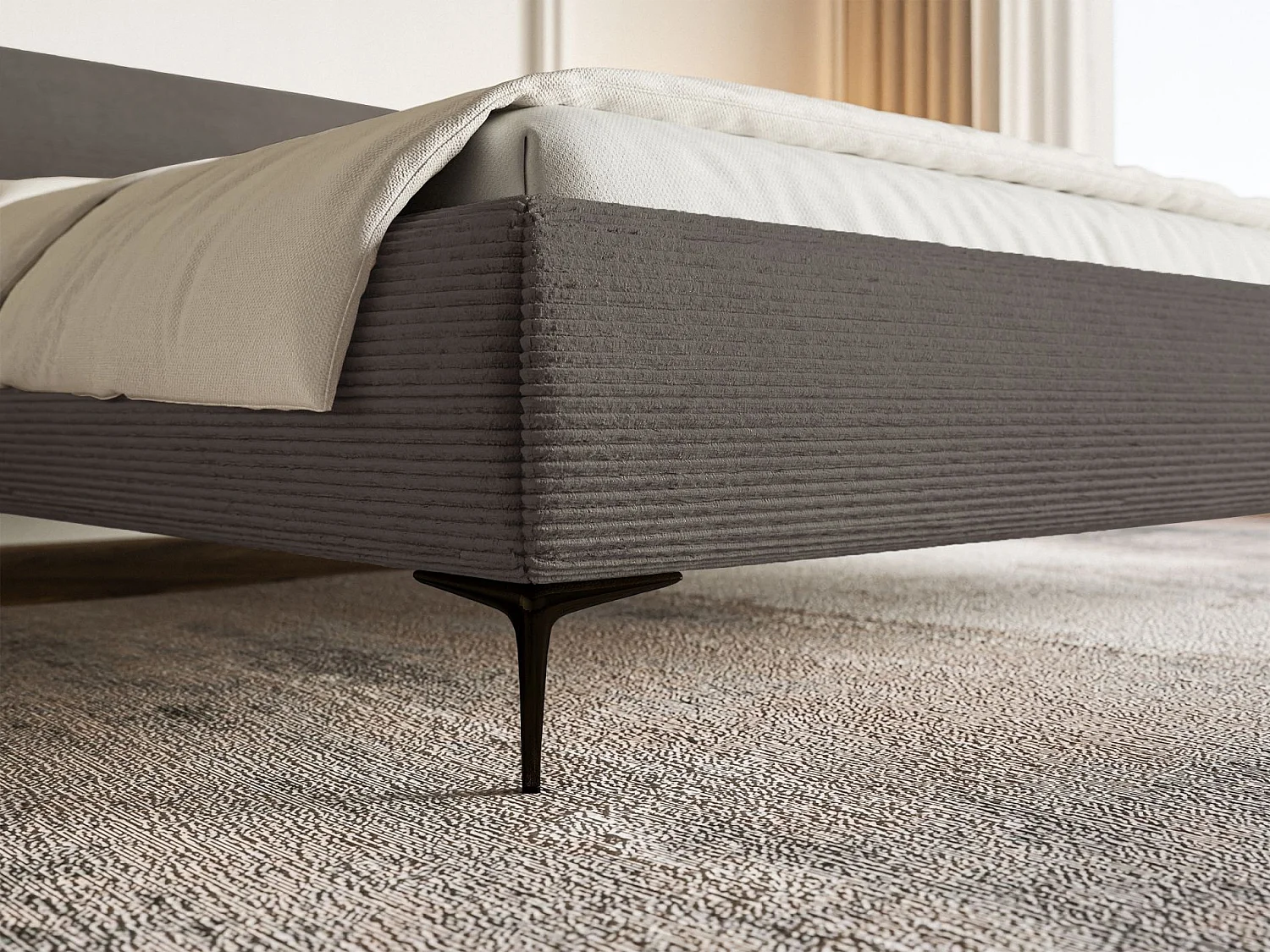 Gestoffeerd bed 140×200 met opbergruimte – ribfluweel en zwarte poten – grijs – ROULE CORD