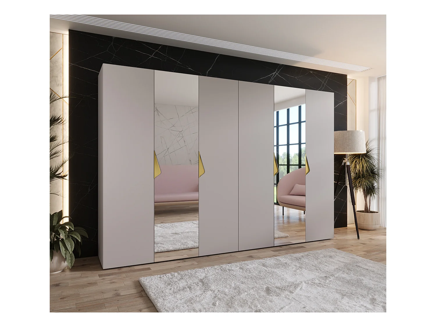 Drehtürenschrank Sandi 2 300 (150x2) / 202 / 52 (Kaschmir + Griffe: Gold)