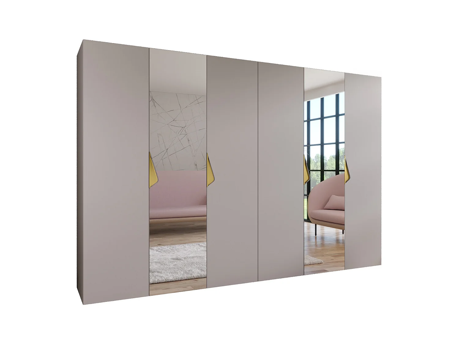 Drehtürenschrank Sandi 2 300 (150x2) / 202 / 52 (Kaschmir + Griffe: Gold)