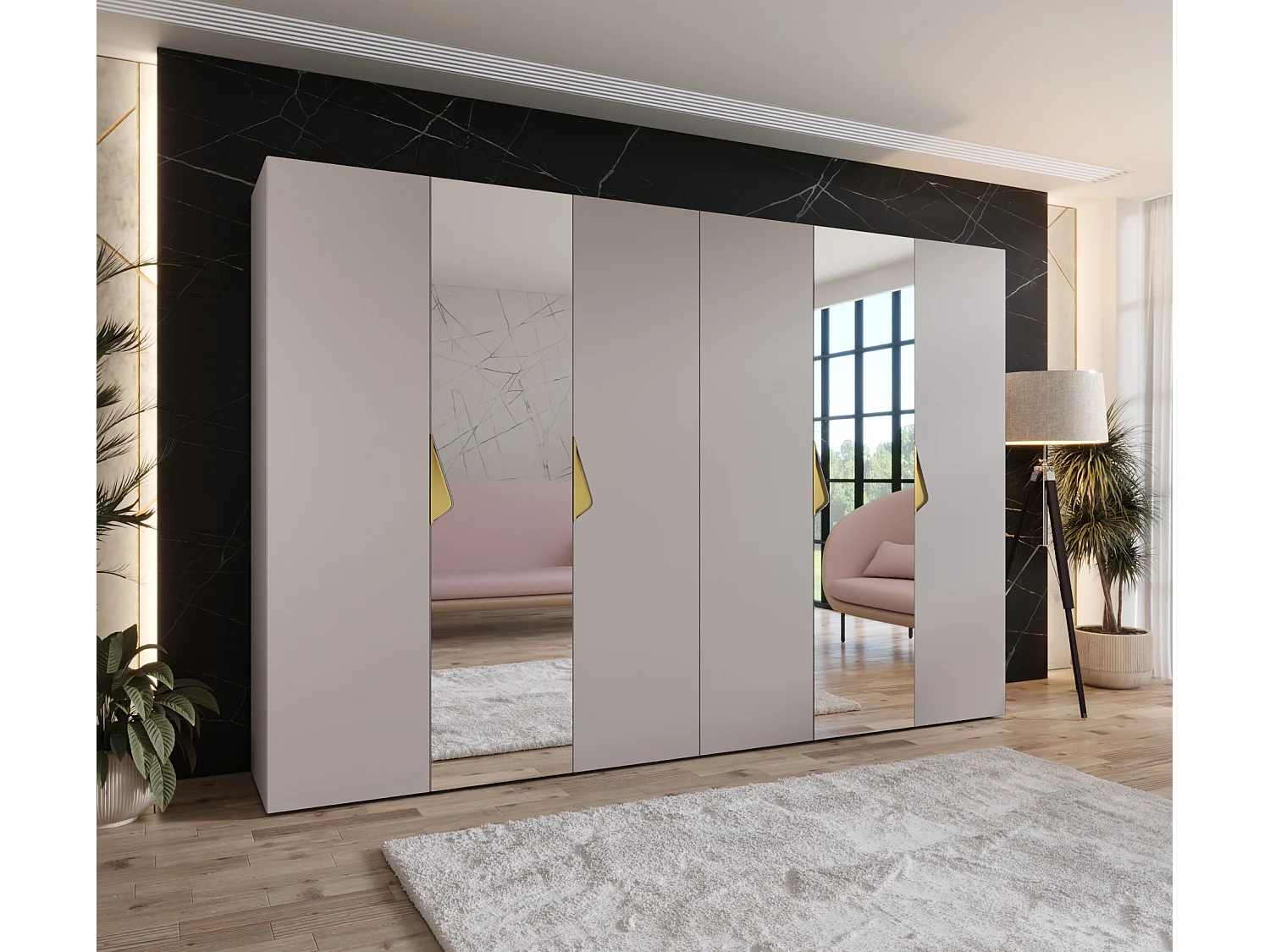 Armoire à portes battantes Sandi 2 300 (150x2) / 202 / 52 (Cachemire + poignées: Gold)