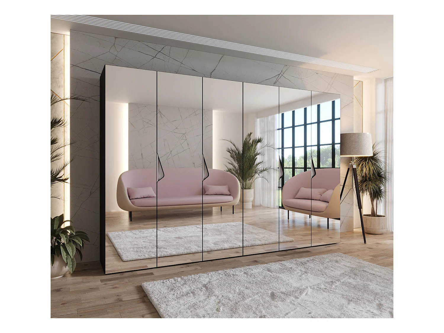 Drehtürenschrank Sandi 3 300 (150x2) / 202 / 52 (Schwarz + Griffe: Kaschmir)