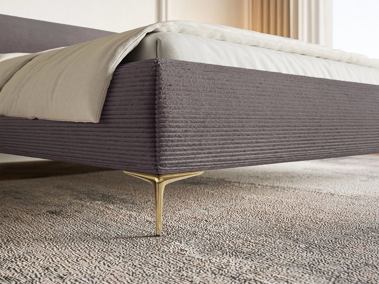 Gestoffeerd bed 180×200 met opbergruimte – ribfluweel en goudkleurige poten – bruin – ROULE CORD