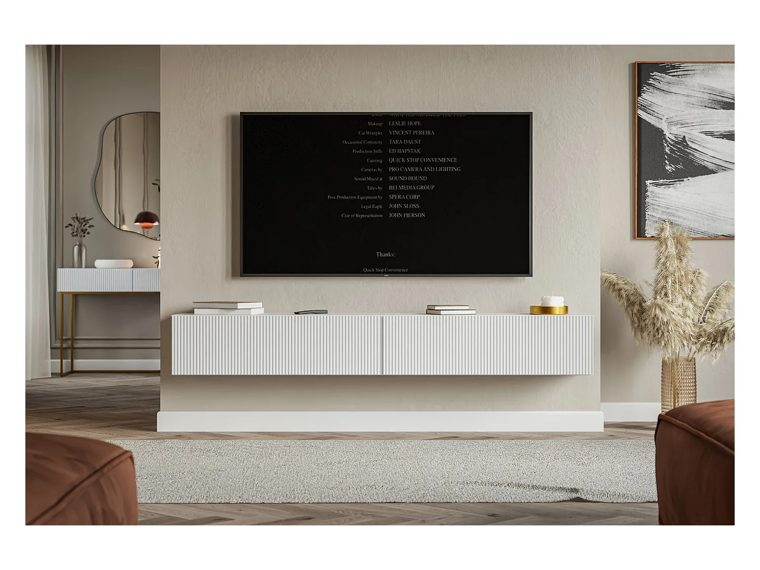 Selsey Veldio – Hangend TV-meubel met geribbelde fronten – 200 cm – wit