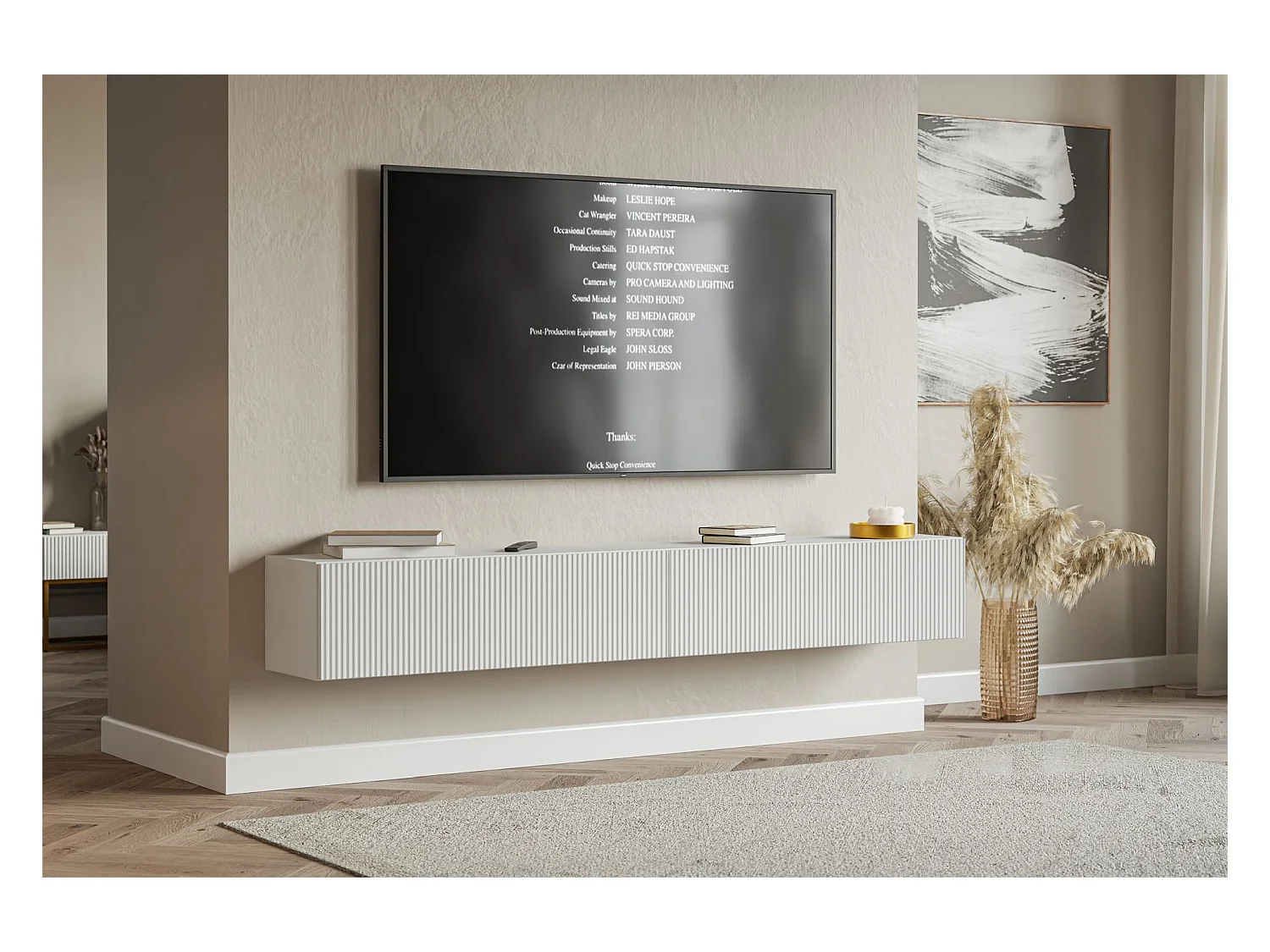 Selsey Veldio – Hangend TV-meubel met geribbelde fronten – 200 cm – wit