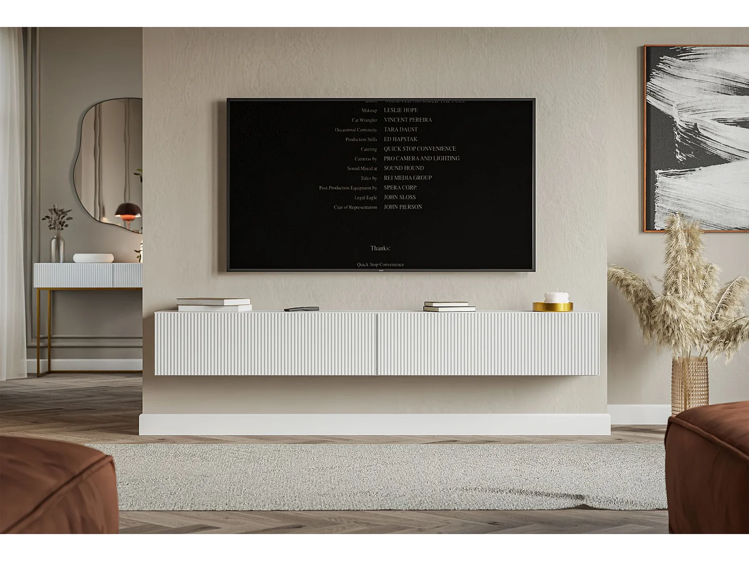 Meuble TV mural avec façades à lamelles rainurées – 2 portes – blanc – 200 cm – VELDIO