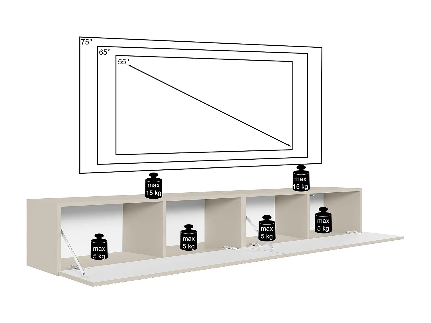 Meuble TV mural avec façades à lamelles rainurées – 2 portes – blanc – 200 cm – VELDIO