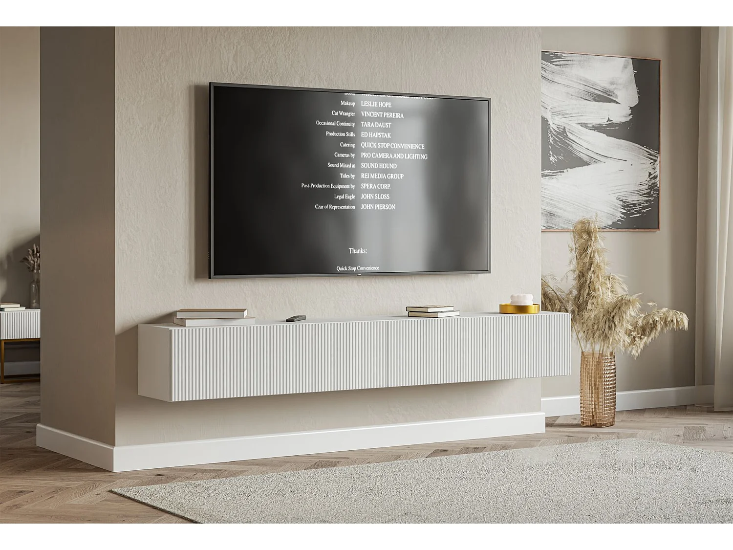 TV-Lowboard hängend – mit geriffelten Fronten – 200 cm – weiß – VELDIO