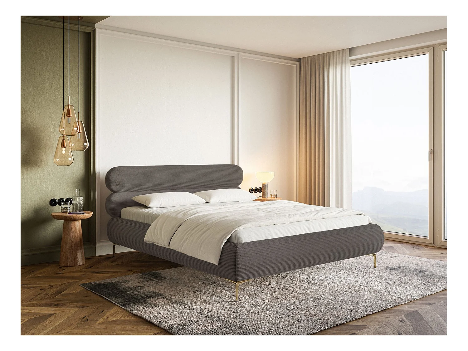 Lit tapissé 140x200 – rangement – velours côtelé – gris – ROULE CORD