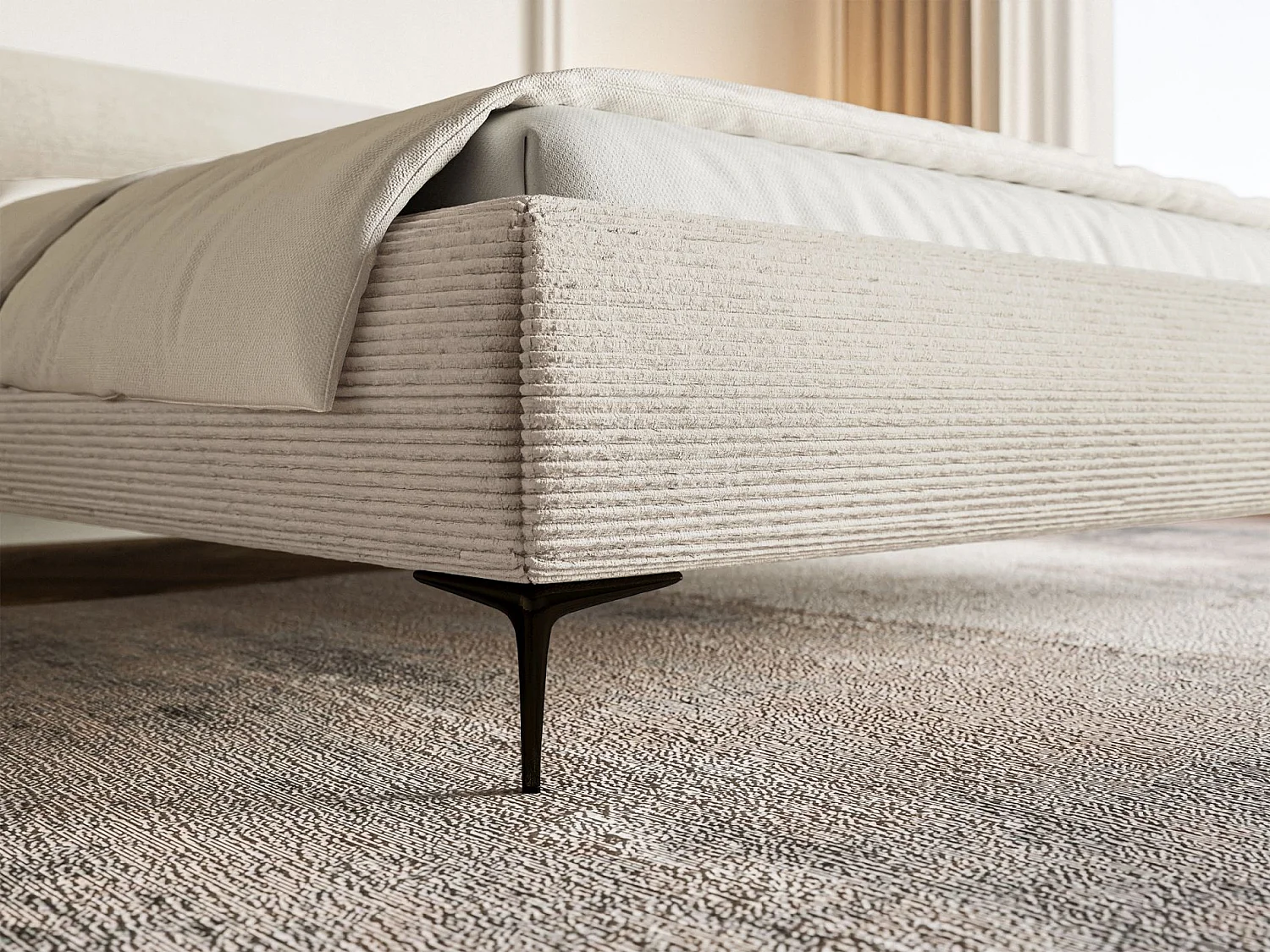 Gestoffeerd bed 140×200 met opbergruimte – ribfluweel en zwarte poten – lichtbeige – ROULE CORD