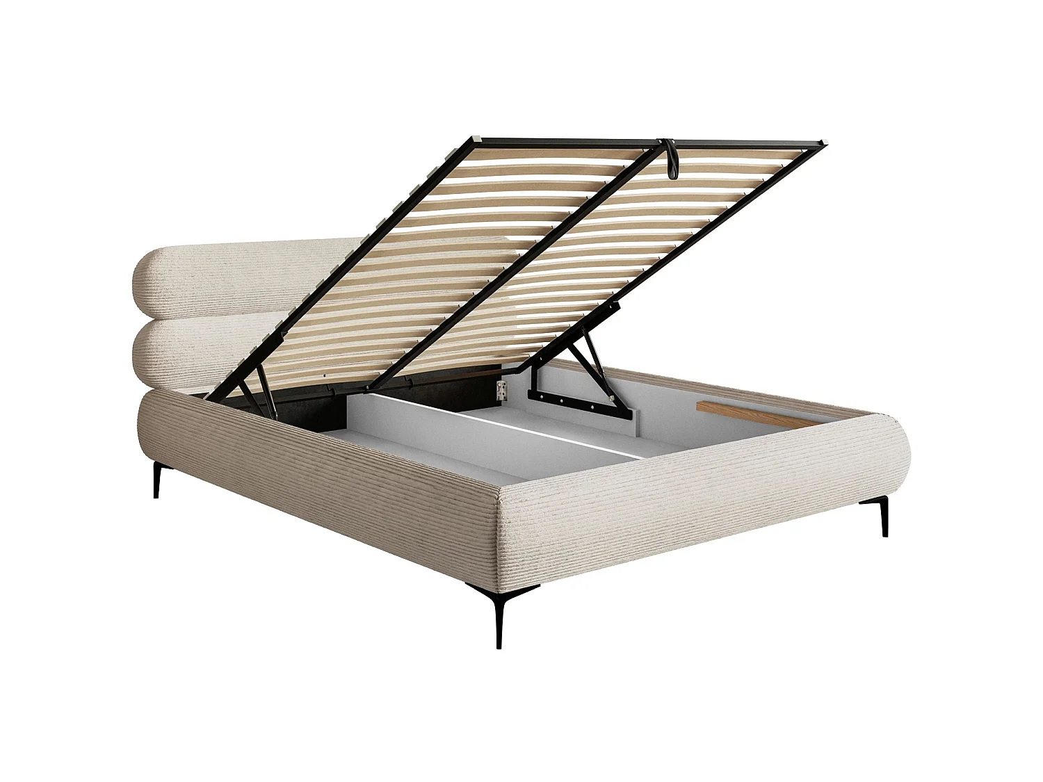 Lit tapissé 140x200 – rangement – velours côtelé – beige clair – ROULE CORD