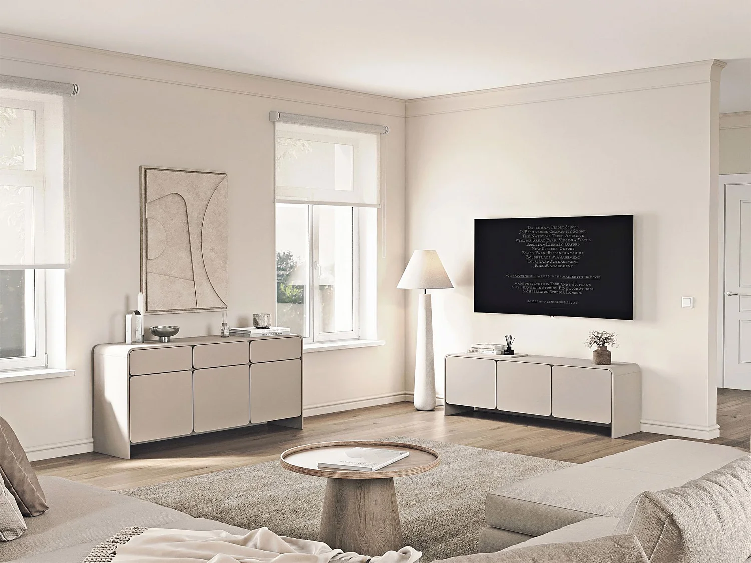 Meuble TV bas – 3 portes – gris cachemire – 156 cm – LUMMO