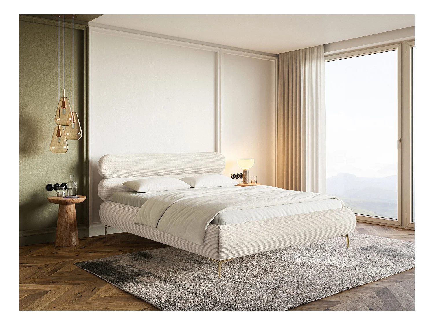 Gestoffeerd bed 180×200 met opbergruimte – ribfluweel en goudkleurige poten – lichtbeige – ROULE CORD