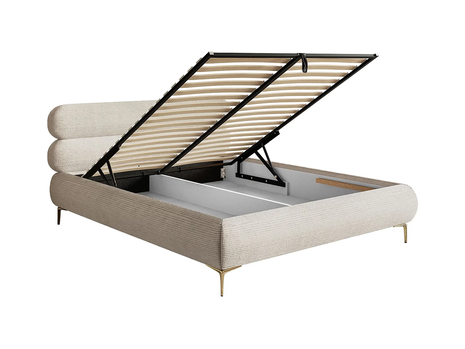 Gestoffeerd bed 180×200 met opbergruimte – ribfluweel en goudkleurige poten – lichtbeige – ROULE CORD