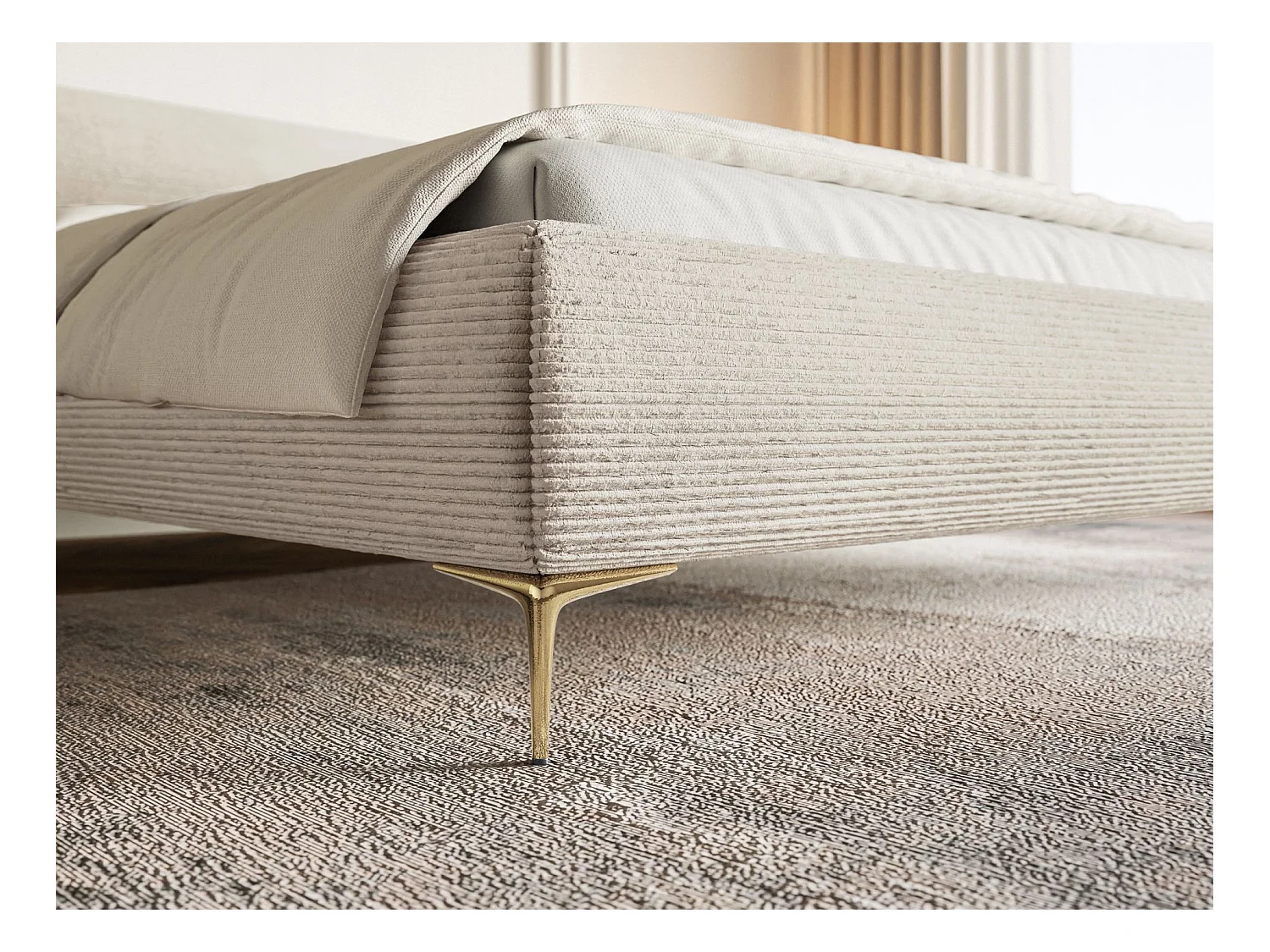 Gestoffeerd bed 180×200 met opbergruimte – ribfluweel en goudkleurige poten – lichtbeige – ROULE CORD