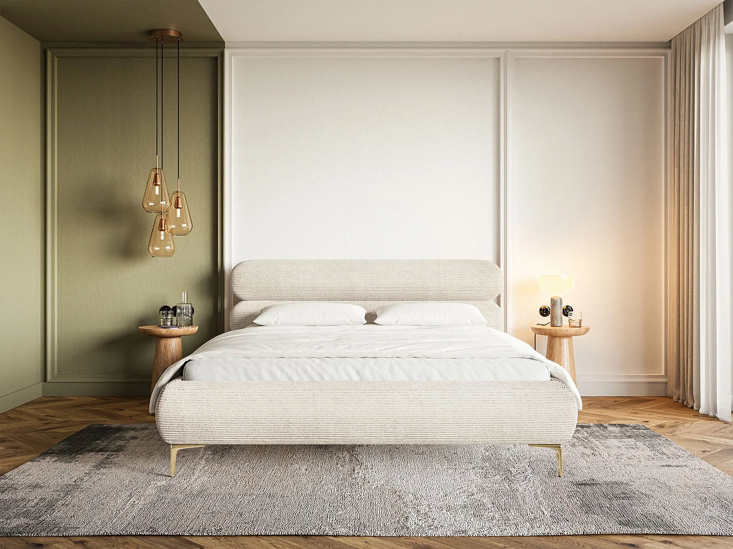 Lit tapissé 180x200 – rangement – velours côtelé – beige clair – ROULE CORD