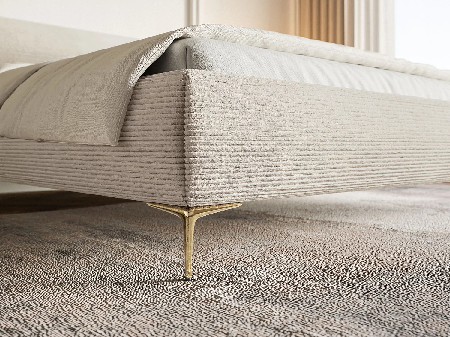 Lit tapissé 180x200 – rangement – velours côtelé – beige clair – ROULE CORD