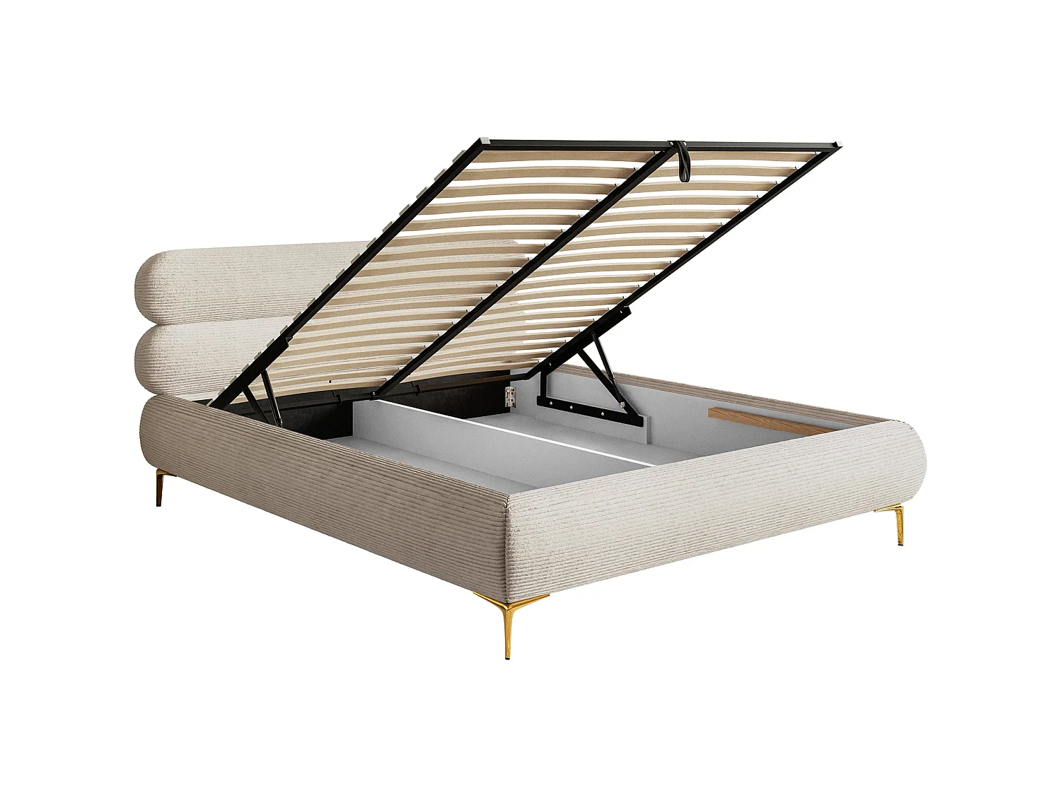 Lit tapissé 180x200 – rangement – velours côtelé – beige clair – ROULE CORD
