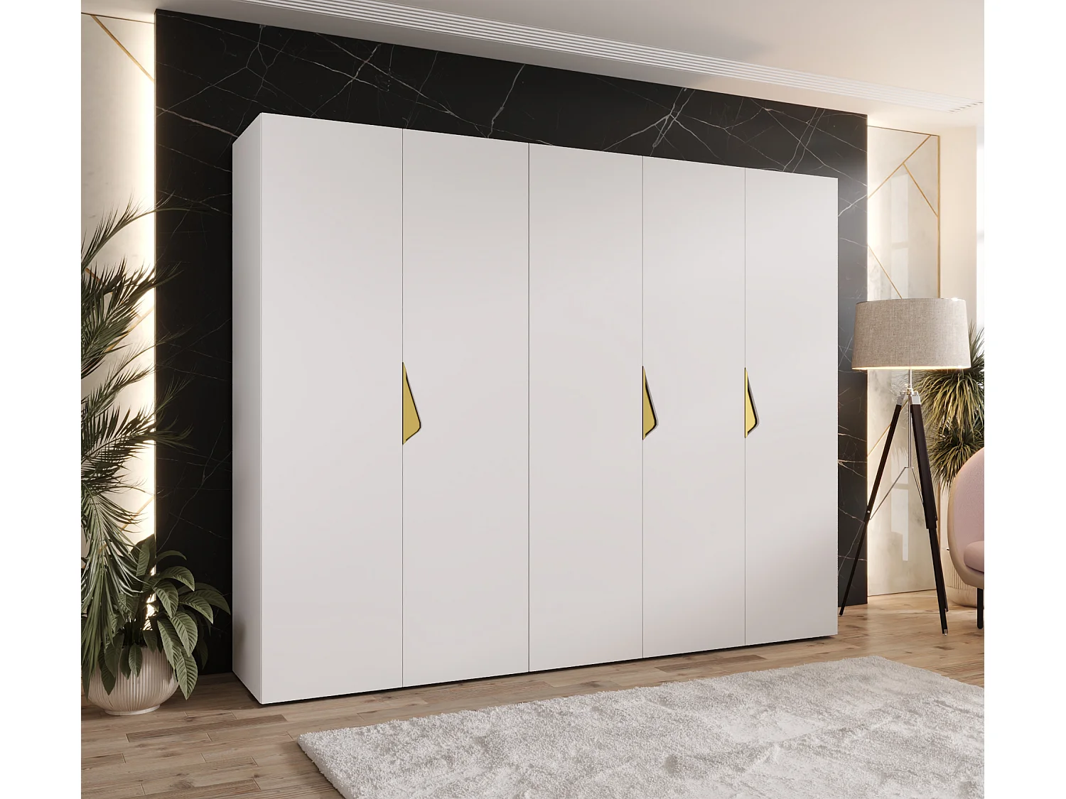 Armoire à portes battantes Sandi 1 250 / 202 / 52 (Blanc + poignées: Gold)