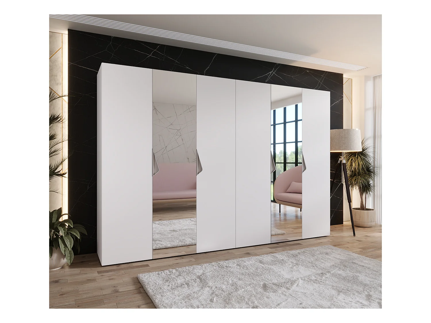 Armoire à portes battantes Sandi 2 300 (150x2) / 202 / 52 (Blanc + poignées: Cachemire)