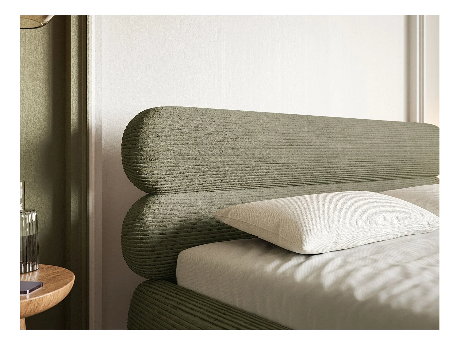 Polsterbett 180x200 mit Bettkasten – Cordstoff – schwarzen Füßen – Olivgrün – ROULE CORD