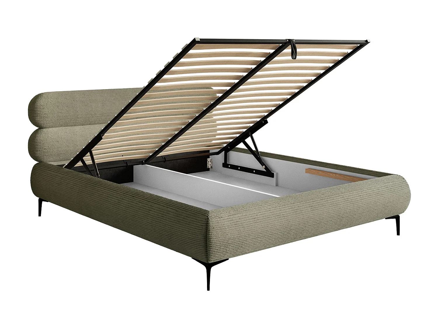 Lit tapissé 180x200 – rangement – velours côtelé – vert olive – ROULE CORD