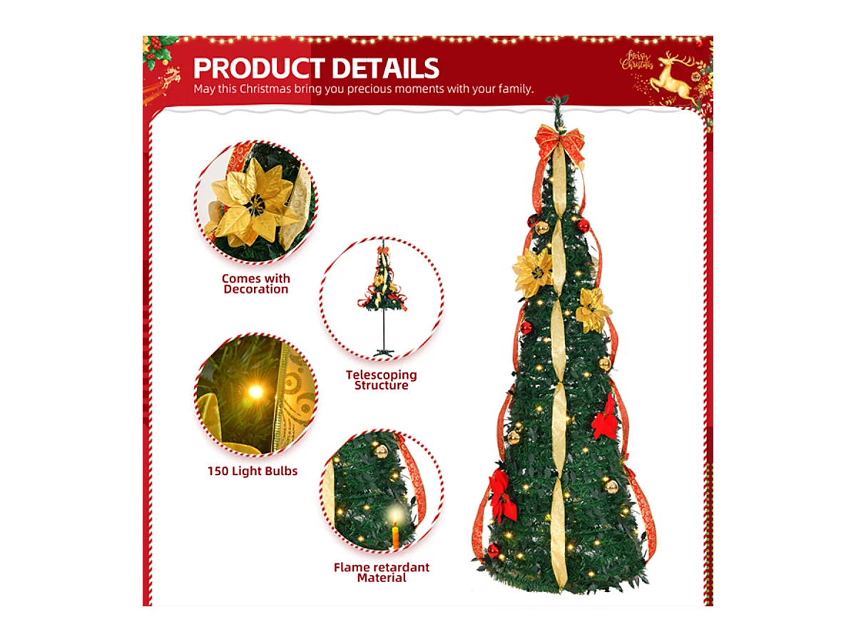 Weihnachtsbaum mit 80 Warmen Lichtern und Ornamenten Künstlichen Weihnachten Tannenbaum Weihnachtsdekoration 6FT