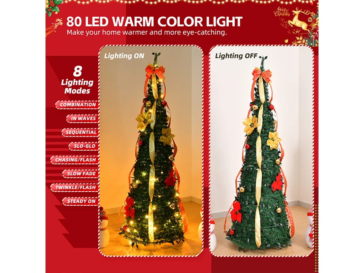 Weihnachtsbaum mit 80 Warmen Lichtern und Ornamenten Künstlichen Weihnachten Tannenbaum Weihnachtsdekoration 6FT