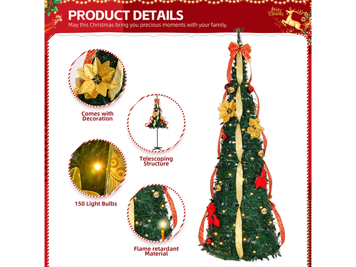 Weihnachtsbaum mit 80 Warmen Lichtern und Ornamenten Künstlichen Weihnachten Tannenbaum Weihnachtsdekoration 6FT