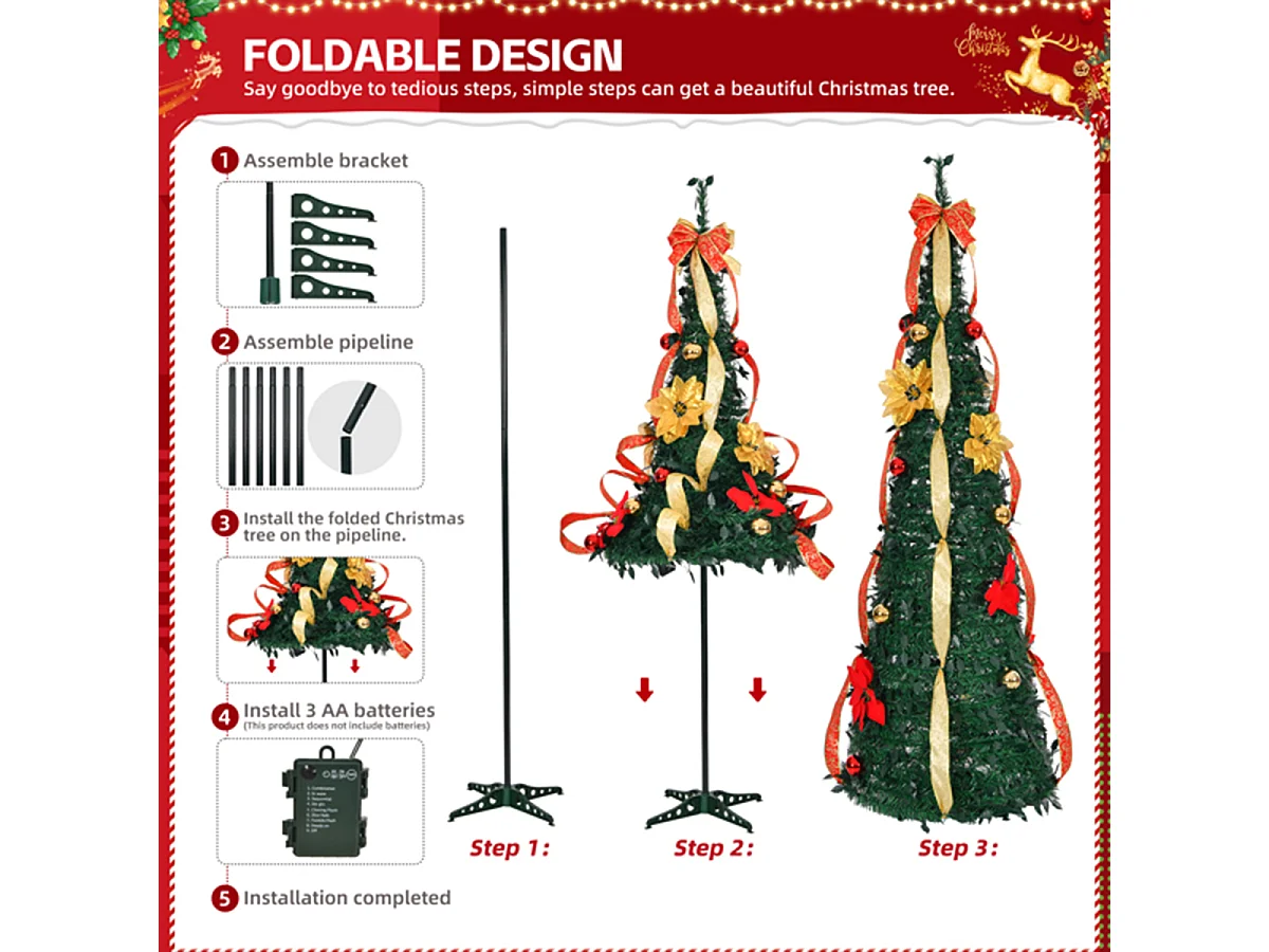 Weihnachtsbaum mit 80 Warmen Lichtern und Ornamenten Künstlichen Weihnachten Tannenbaum Weihnachtsdekoration 6FT