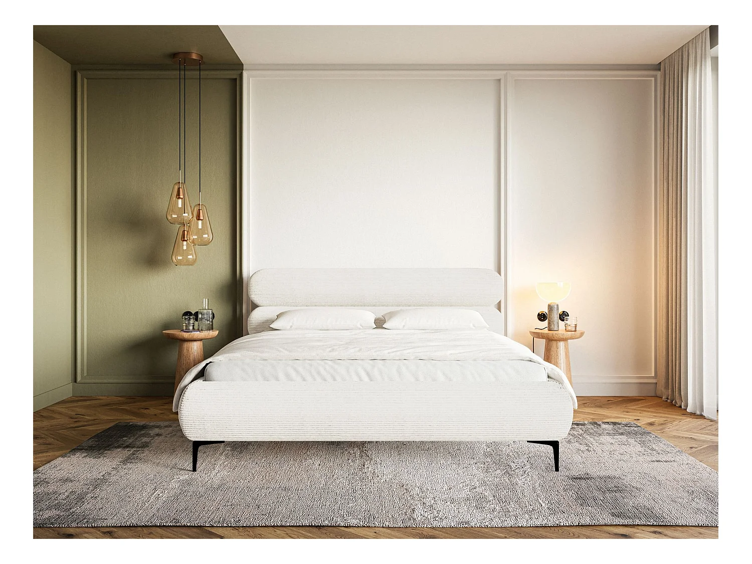 Polsterbett 140x200 mit Bettkasten – Cordstoff – schwarzen Füßen – Creme – ROULE CORD