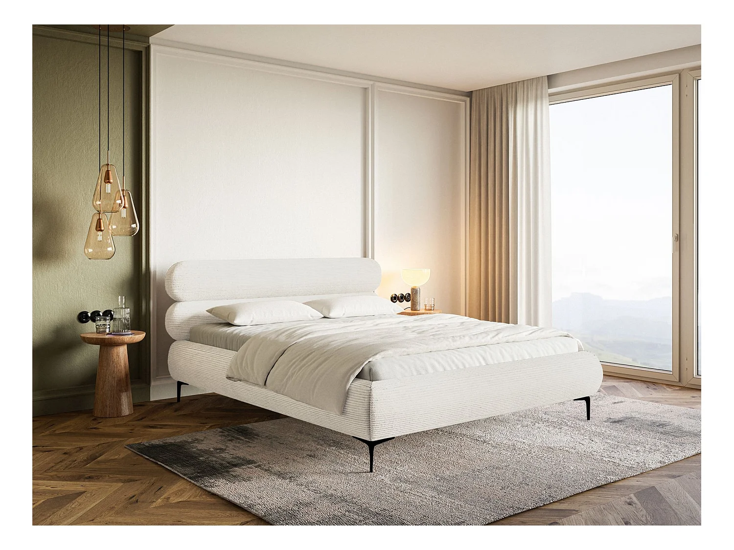 Polsterbett 140x200 mit Bettkasten – Cordstoff – schwarzen Füßen – Creme – ROULE CORD