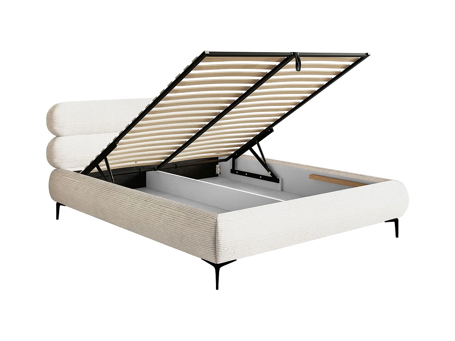 Polsterbett 140x200 mit Bettkasten – Cordstoff – schwarzen Füßen – Creme – ROULE CORD