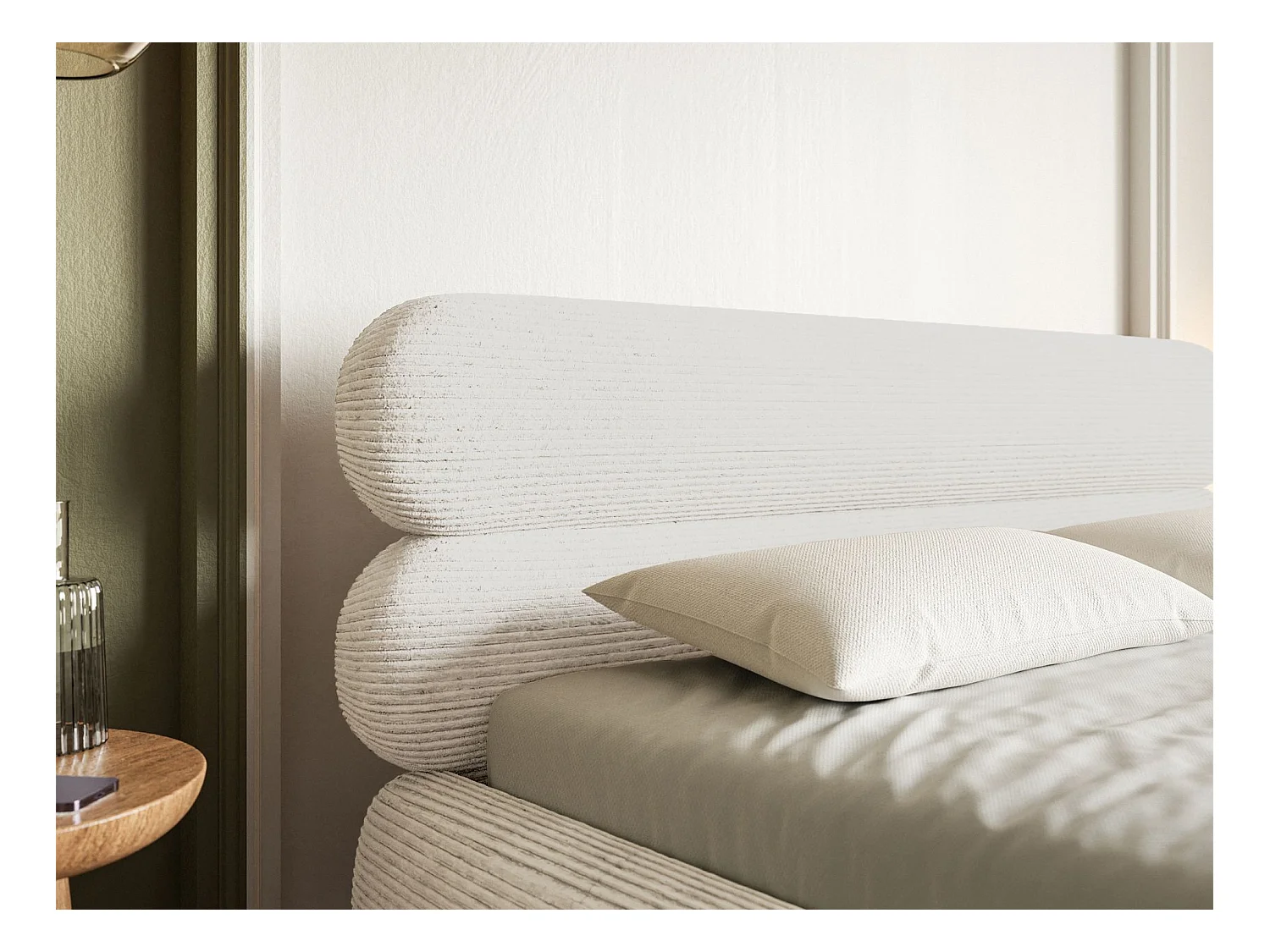 Polsterbett 140x200 mit Bettkasten – Cordstoff – schwarzen Füßen – Creme – ROULE CORD