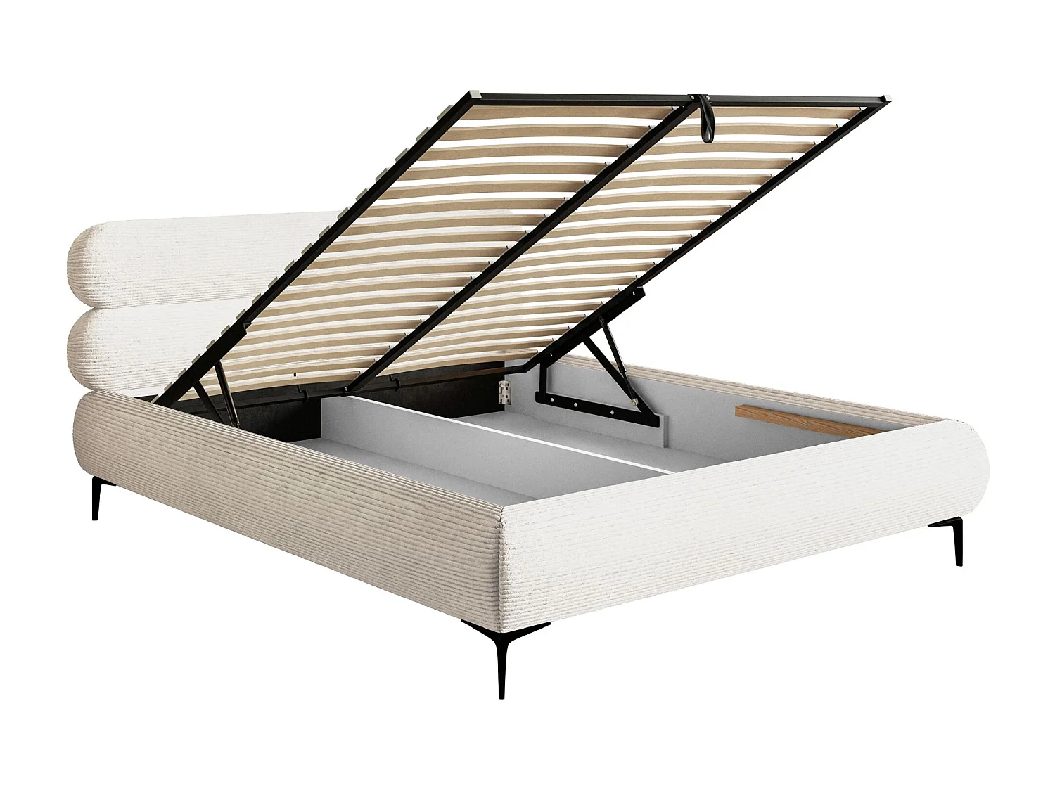 Gestoffeerd bed 140×200 met opbergruimte – ribfluweel en zwarte poten – crème – ROULE CORD