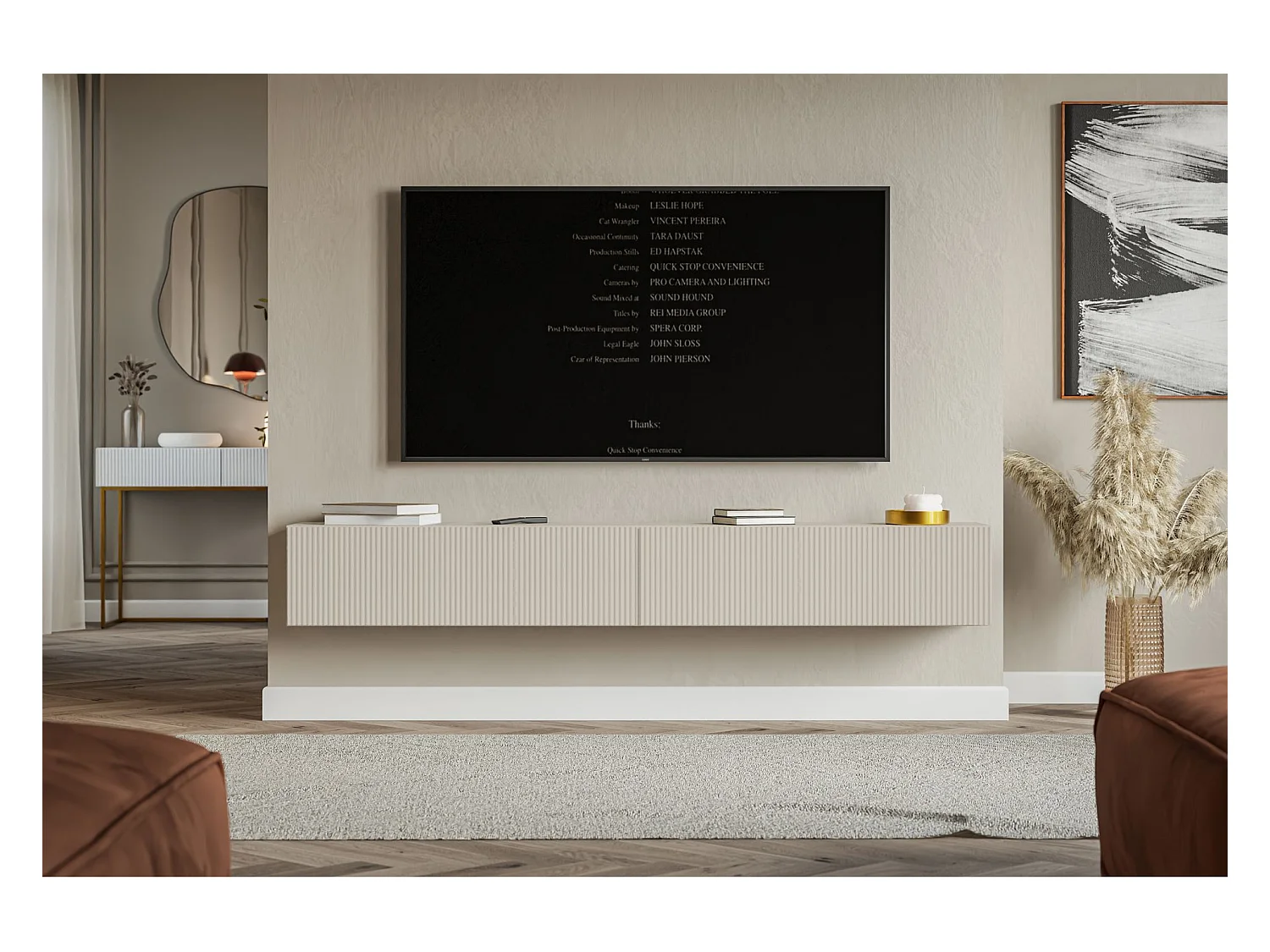 Meuble TV mural avec façades à lamelles rainurées – 2 portes – beige gris – 200 cm – VELDIO