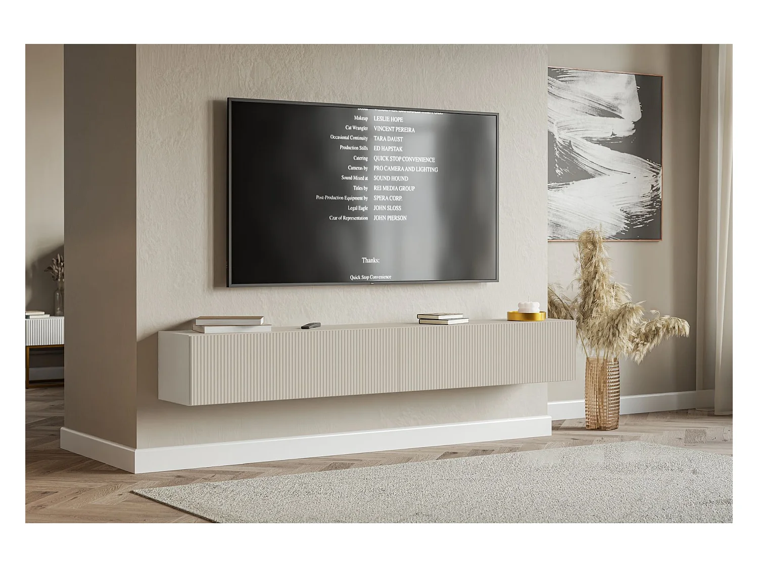 Meuble TV mural avec façades à lamelles rainurées – 2 portes – beige gris – 200 cm – VELDIO