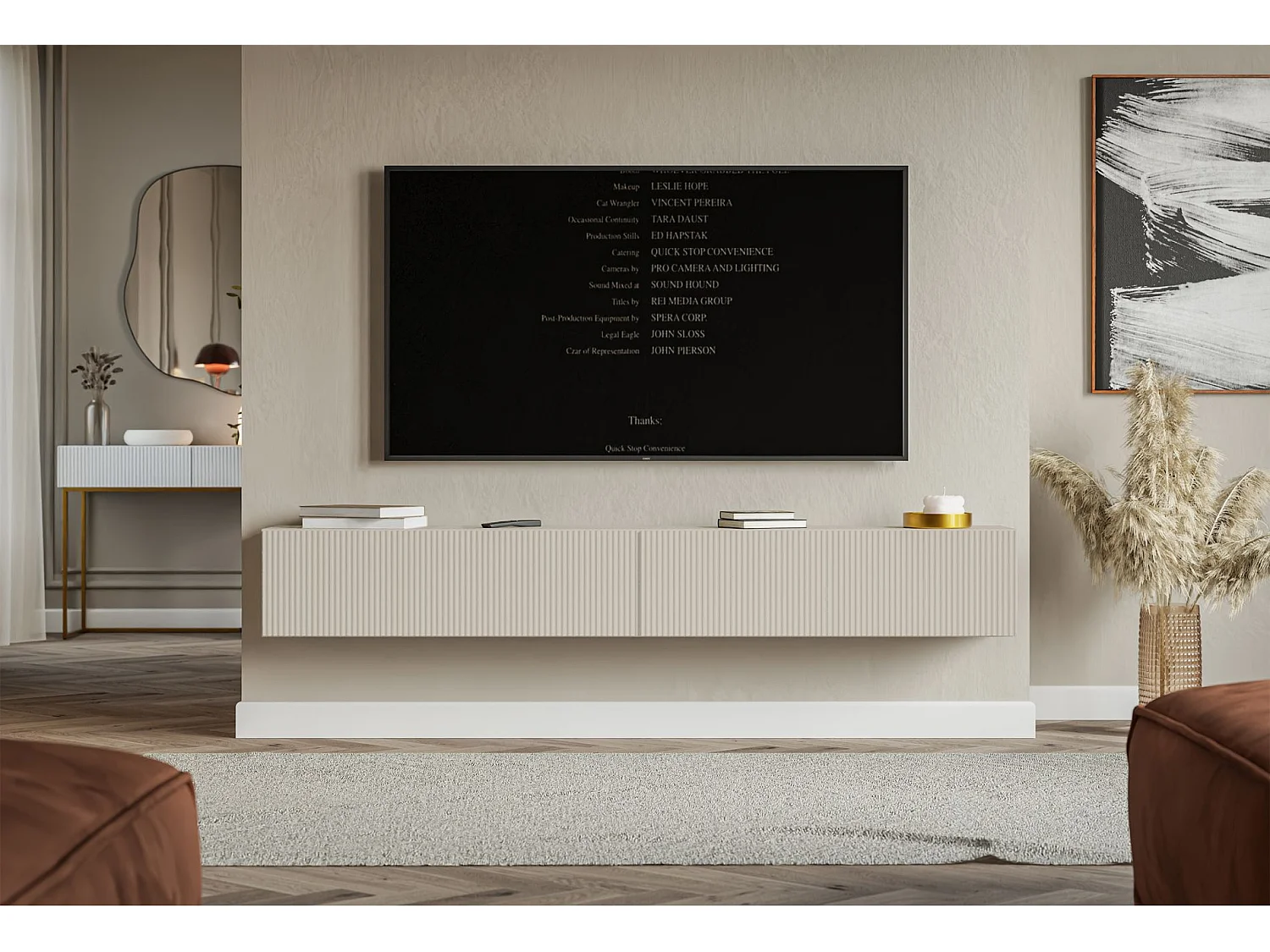 Meuble TV mural avec façades à lamelles rainurées – 2 portes – beige gris – 200 cm – VELDIO