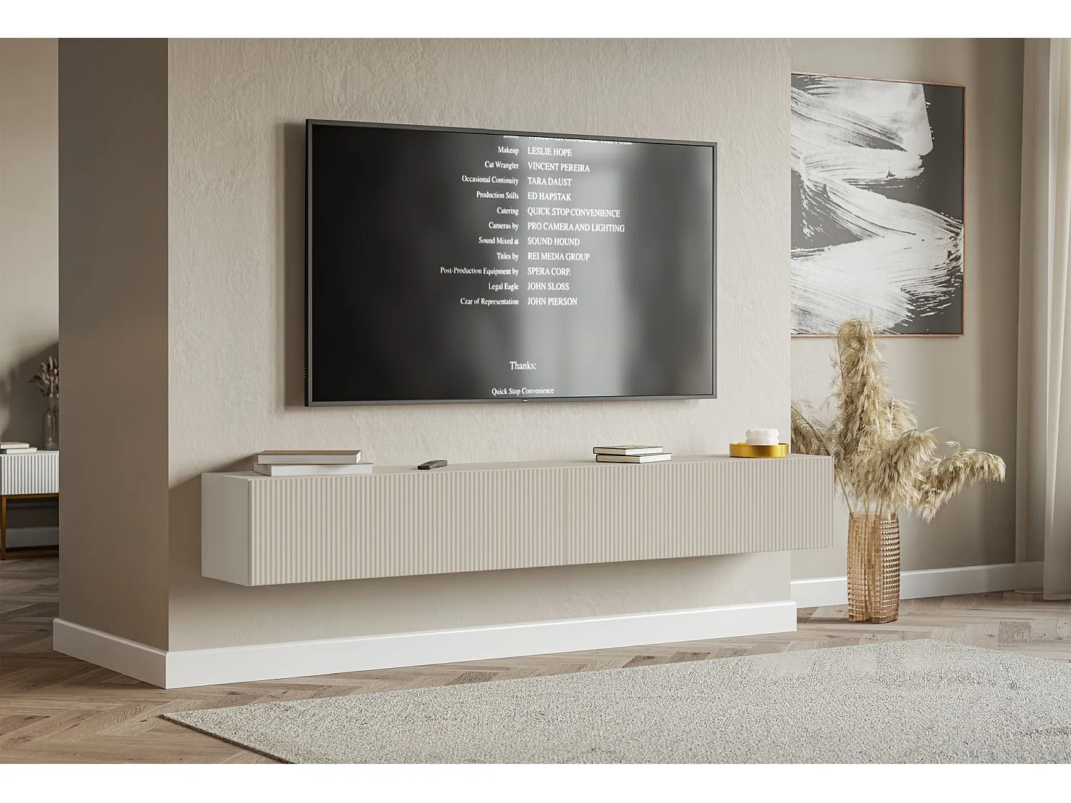 Meuble TV mural avec façades à lamelles rainurées – 2 portes – beige gris – 200 cm – VELDIO