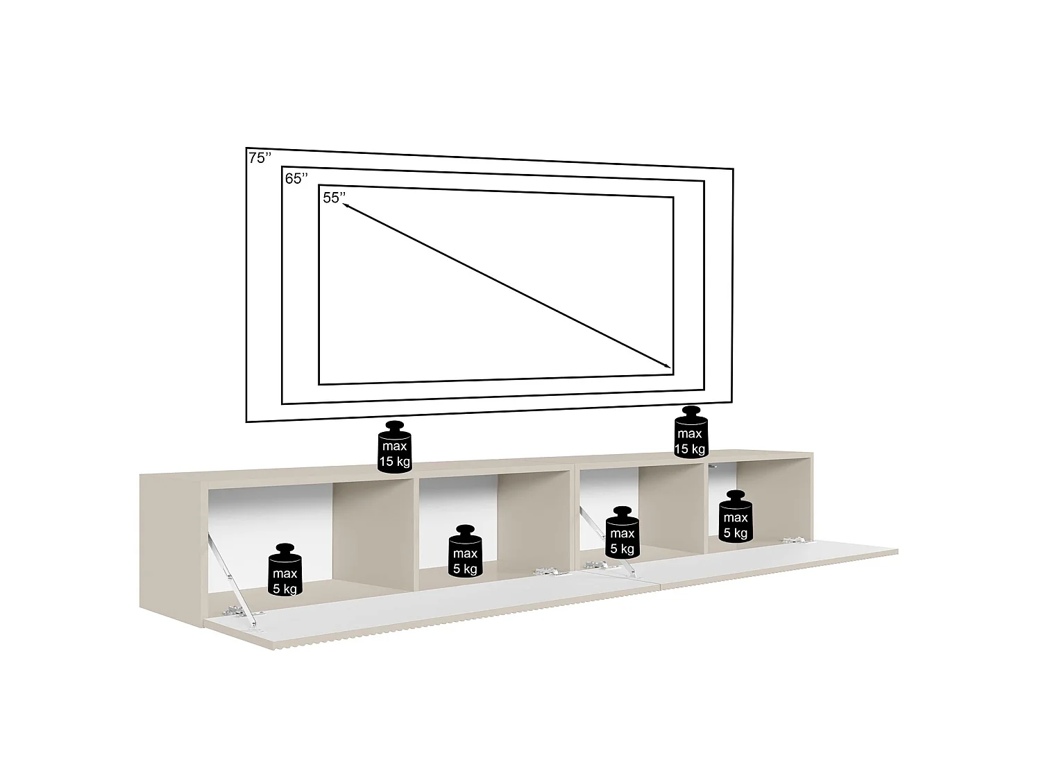 TV-Lowboard hängend – mit geriffelten Fronten – 200 cm – greige – VELDIO