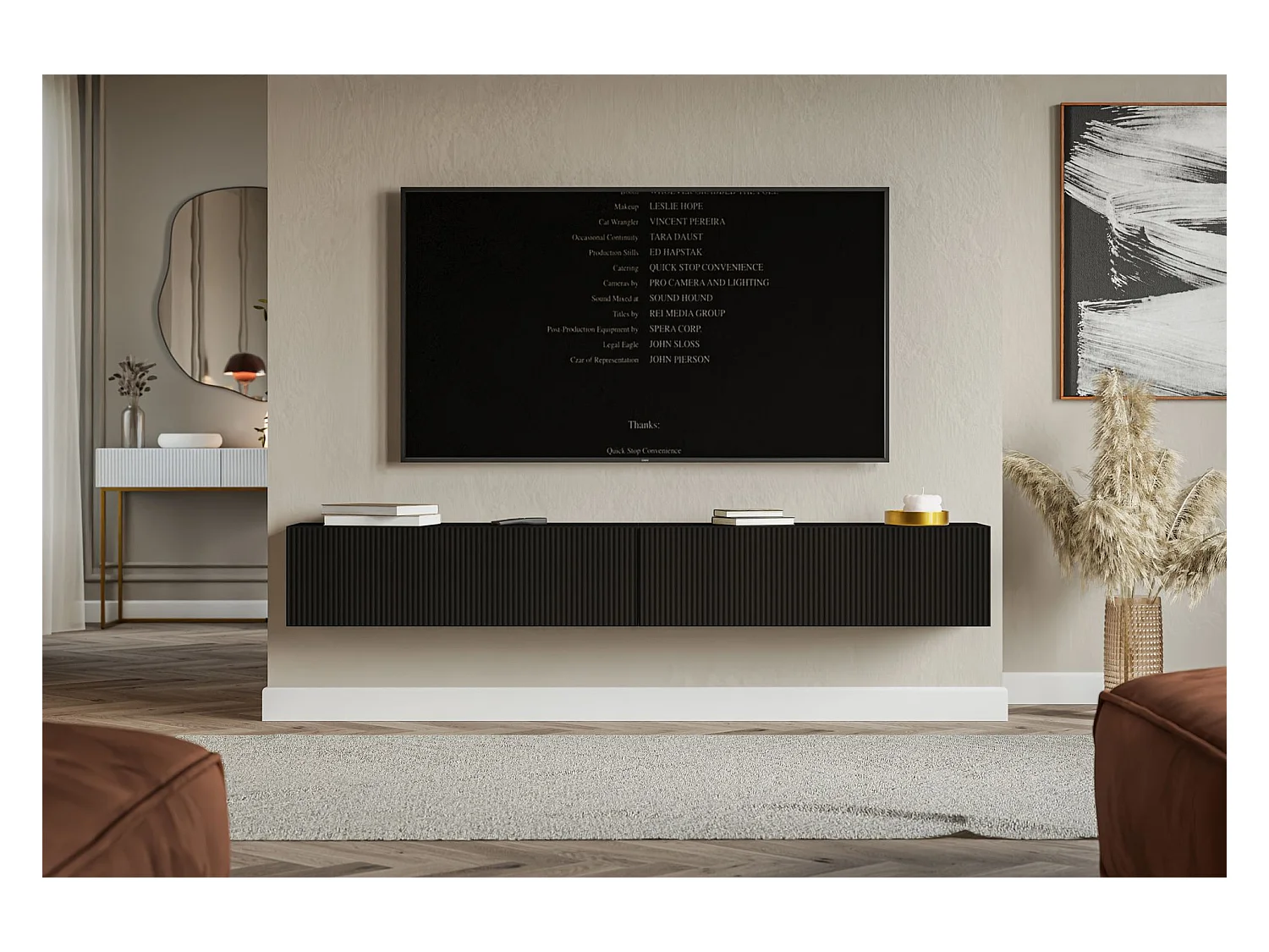 TV-Lowboard hängend – mit geriffelten Fronten – 200 cm – schwarz – VELDIO